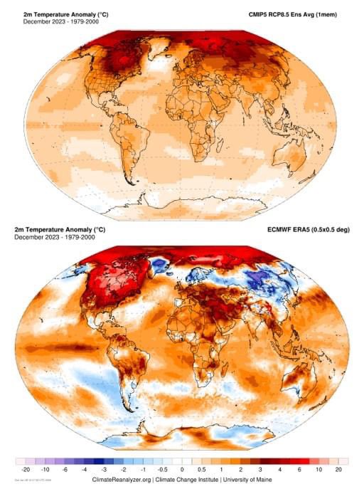 Arriba: Así se pronosticó la anomalía de temperatura global para diciembre 2023 con el conjunto de modelos CMIP5 en 2014. El modelo se forzó con el peor escenario de emisiones (RCP8.5) ... Abajo: la realidad de este pasado diciembre de 2023. Vía: Niko Froitzheim