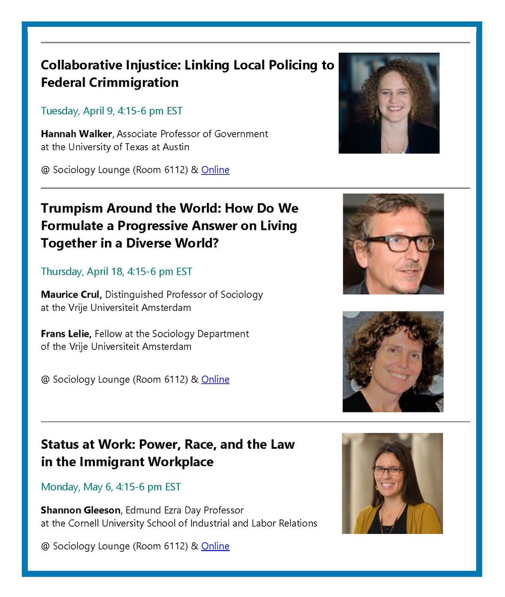 M.A. Program in International Migration Studies (@gc_migration) on Twitter photo 📢📢 Join us for free -- either in-person <a href="/GC_CUNY/">The Graduate Center</a> (365 5th Avenue, NYC) or online -- for the **Immigration Seminar Series** talks for SP 24. Zoom registration links in the comments below. <a href="/cunygcsociology/">CUNY GC Sociology | cunygcsociology.bsky.social</a> <a href="/GC_PoliSci/">GC PoliSci Program</a> <a href="/aaaricuny/">AAARI-CUNY</a> <a href="/CunySLU/">CUNY School of Labor and Urban Studies</a> <a href="/ARCCUNY/">Advanced Research Collaborative</a> 📢📢 Join us for free -- either in-person <a href="/GC_CUNY/">The Graduate Center</a> (365 5th Avenue, NYC) or online -- for the **Immigration Seminar Series** talks for SP 24. Zoom registration links in the comments below. <a href="/cunygcsociology/">CUNY GC Sociology | cunygcsociology.bsky.social</a> <a href="/GC_PoliSci/">GC PoliSci Program</a> <a href="/aaaricuny/">AAARI-CUNY</a> <a href="/CunySLU/">CUNY School of Labor and Urban Studies</a> <a href="/ARCCUNY/">Advanced Research Collaborative</a>