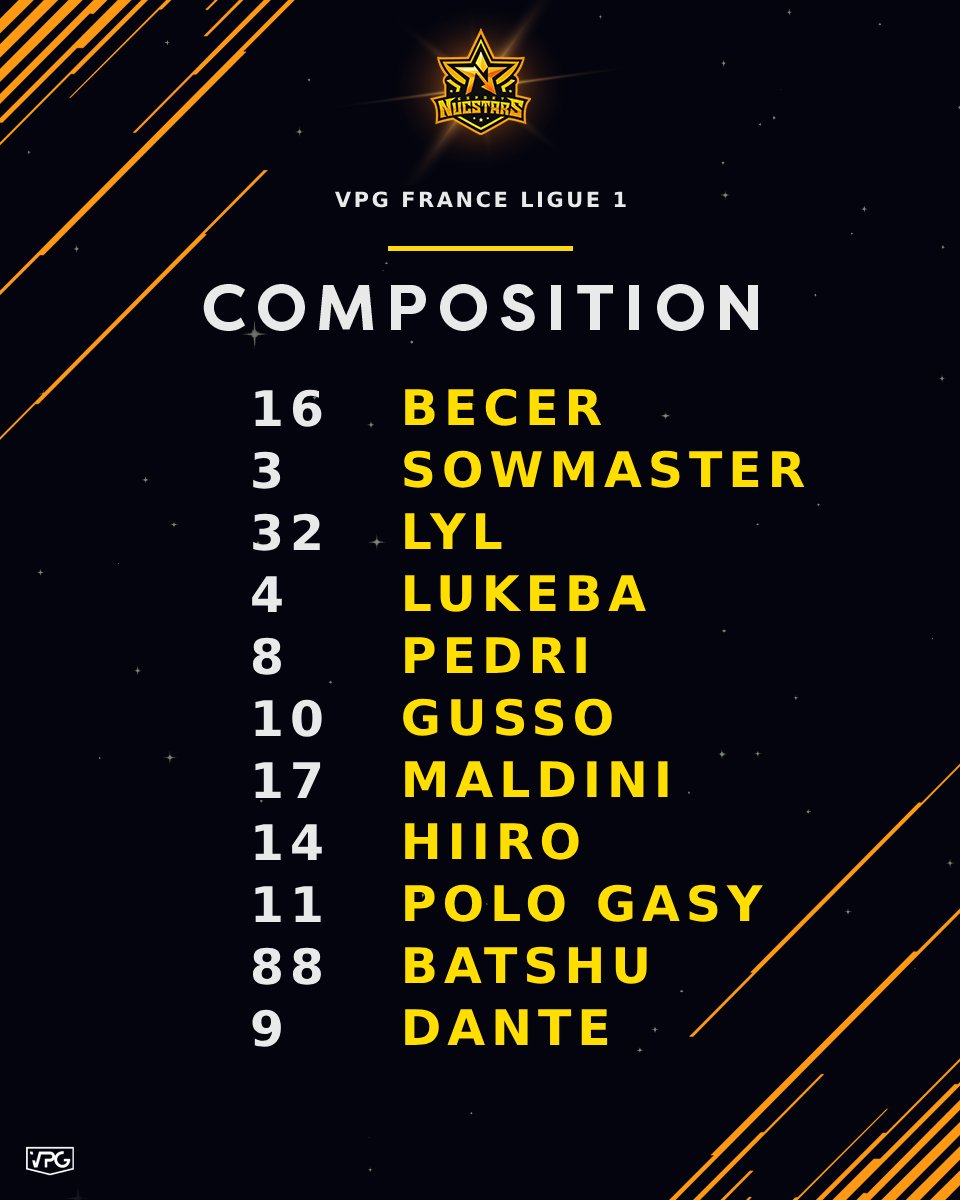 ⚡️COMPOSITION⚡️

Match à 22h40⌚️

⚫️🟡#NucStars  ⚪️🔵#FrenchTouch