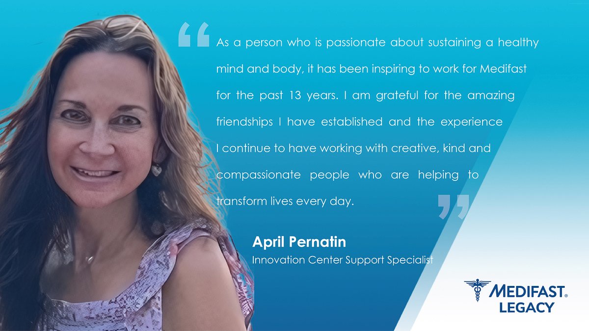 MedifastCareers's tweet image. April Pernatin, Innovation Center Support Specialist, has been inspired by the relationships she's built at Medifast. Interested in a career at Medifast? Check out our open positions here: bit.ly/3Sq01h8 #MyLifeAtMedifast