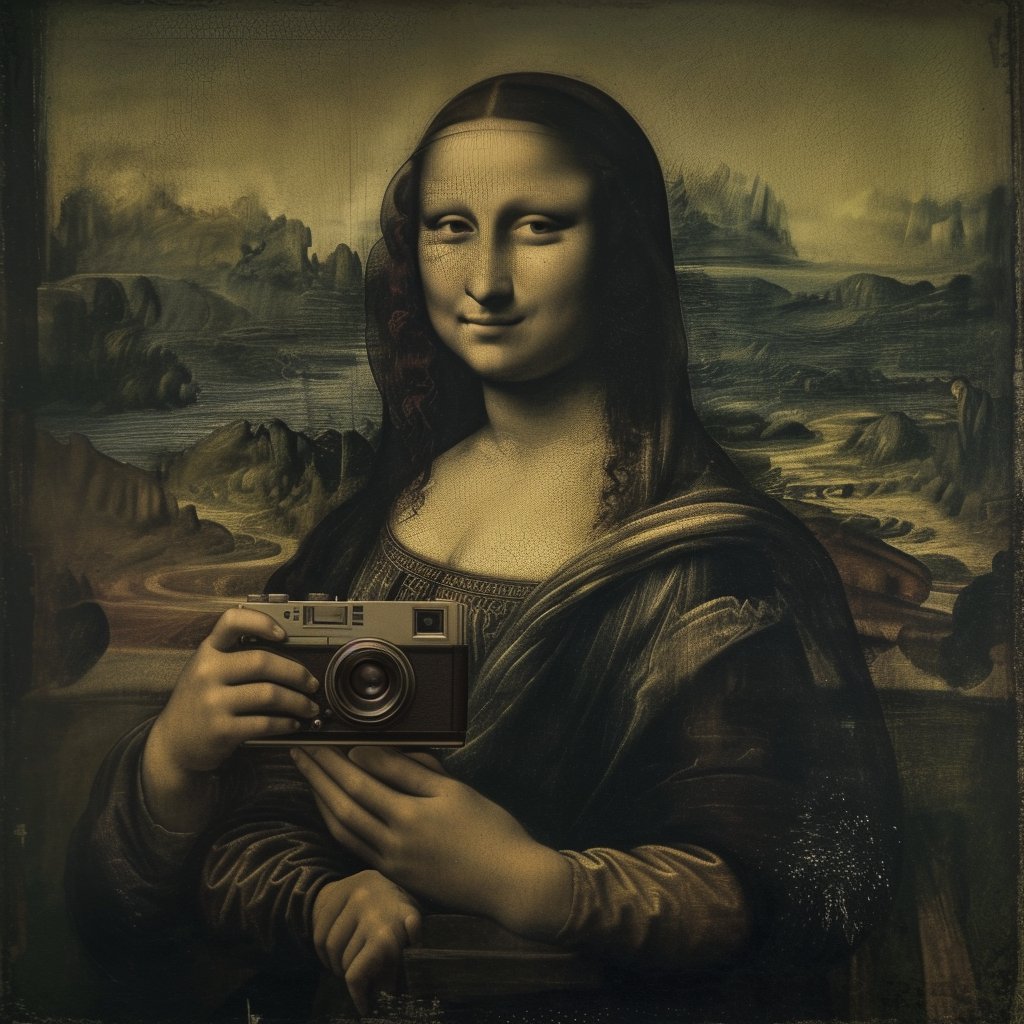 TrendingFrames's tweet photo. Even timeless masterpieces can't resist a good throwback. #MonaLisa takes on the vintage selfie challenge. 🖼️📷 #TimeTravelTuesday #ArtMeetsTech https://t.co/4K6TMIYgVG