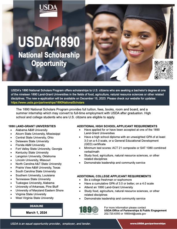 USDA 1890 National Scholars Program application is open! Students passionate about ag, food or natural resource, this opportunity is for you! Full tuition, fees, &amp; more. Seize this chance  at an 1890 Land-Grant University! Visit usda.gov/partnerships/1… for more information.