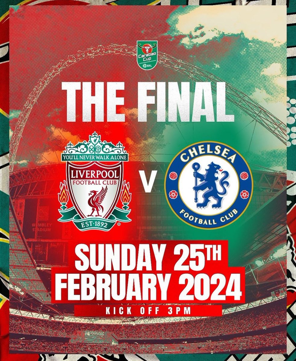 📆 𝐇𝐎𝐑𝐀𝐑𝐈𝐎 𝐏𝐀𝐑𝐀 𝐋𝐀 𝐅𝐈𝐍𝐀𝐋 📆

Liverpool y Chelsea disputarán la final de Copa de La Liga el Domingo 25 de Febrero en Wembley a las 15:00 (🇬🇧) 16:00 ( 🇪🇸). 

Tomen nota ✍️👀