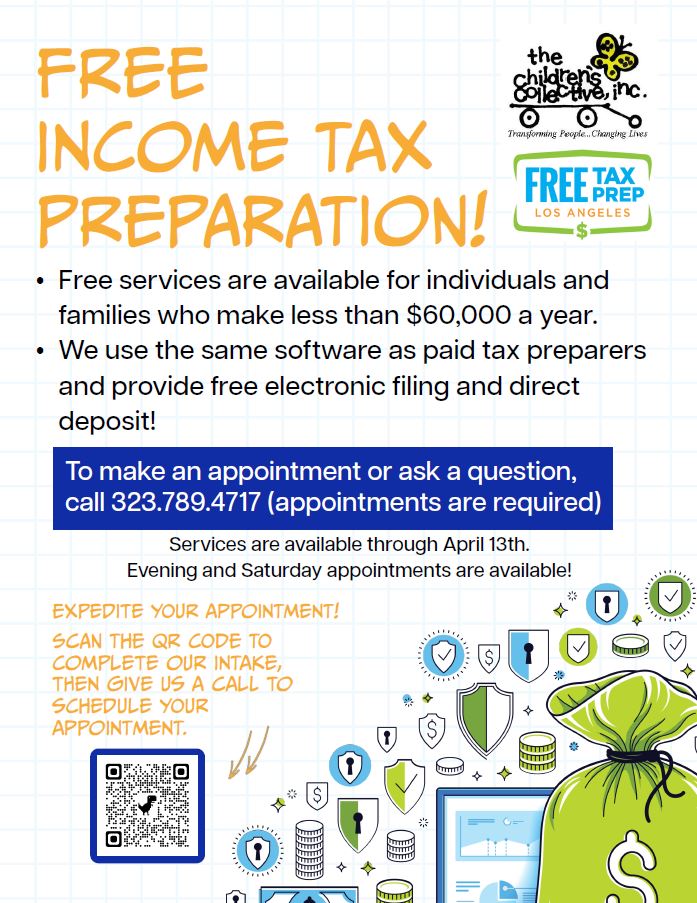 Tax season is here. Let The Children's Collective, Inc. help you file your taxes. Call our office to make an appointment at 323.789.4717.
#FreeTaxPrepLA #FTPLA #Taxes #TaxSeason #TaxCredits #MoneyMatters #CashBack #TaxRefund