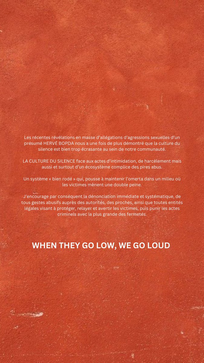 LA CULTURE DU SILENCE face aux actes d’intimidation, de harcèlement mais aussi et surtout d’un écosystème complice des pires abus. 

Un système « bien rodé » qui, pousse à maintenir l’omerta dans un milieu où les victimes mènent une double peine. 

#StopBopda