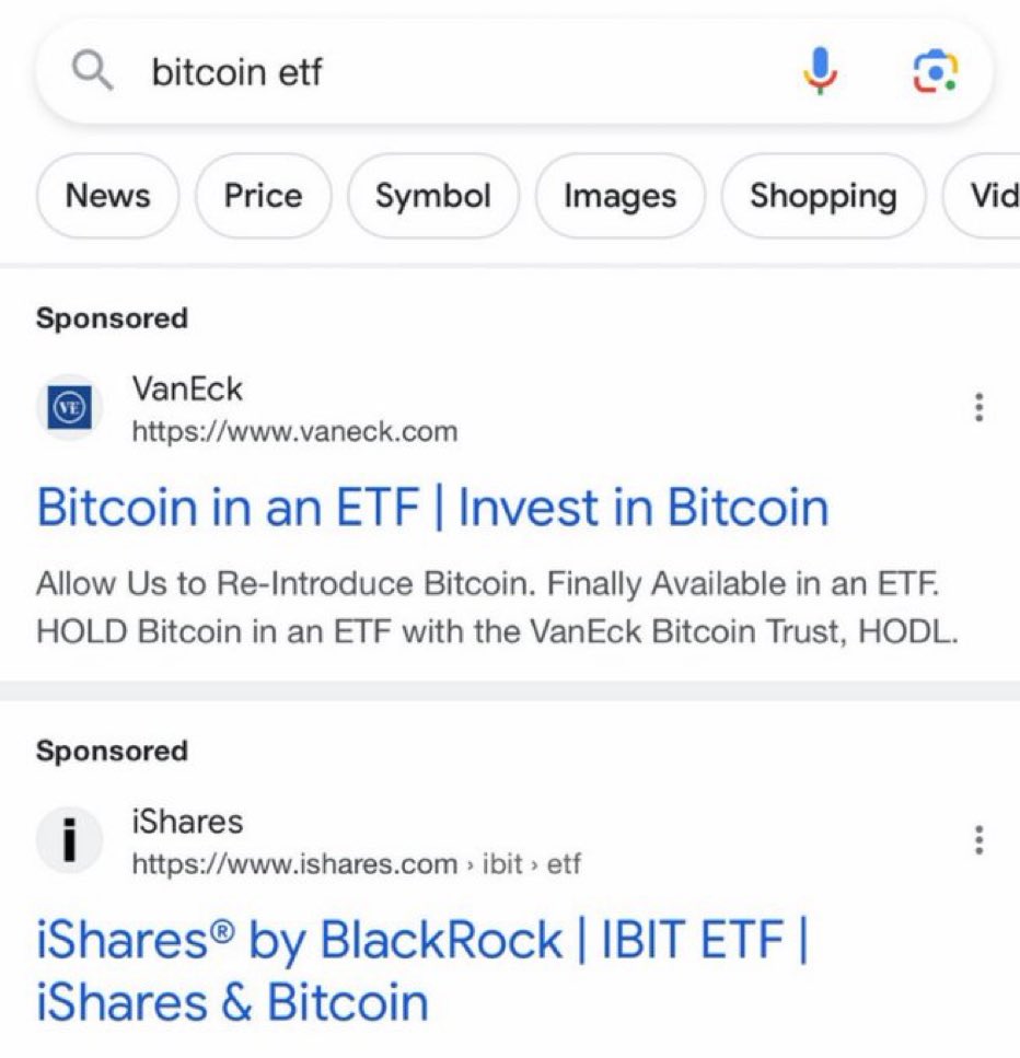 BREAKING‼️ BlackRock and VanEck #Bitcoin ETF ads LIVE on Google. Super Bowl  ads? 👀🔥