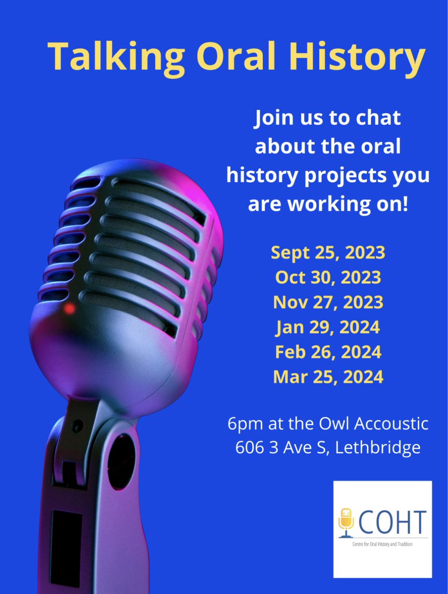 Attn Lethbridge-based oral historians!! #oralhistory Join us tonight at 6pm for our next “Talking Oral History” informal gathering to chat about projects you are working on. @oralhistory @uLethbridge Everyone is welcome!