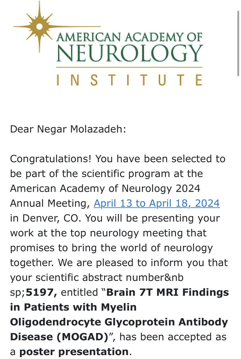 Excited to get the opportunity to present our work from @MGHNeurology @BWHNeurology @harvardmed on “7Tesla MRI findings in patients with MOGAD” in #AANAM2024, Denver, CO! Thank you @AANmember !