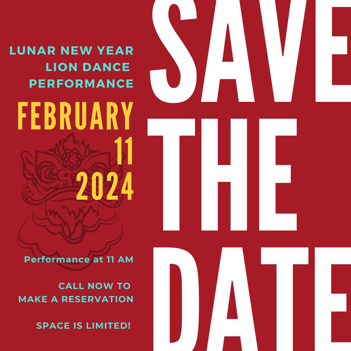 Save the Date! make your reservations! Come and celebrate the Lunar New Year with us in Style! Traditional #LionDance and delicious #dimsum. Performance is at 11! Make your reservations and be here ready by 10:45 to ensure seating before start of the dance