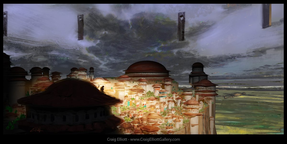 craig_elliott's tweet photo. Cityscape from the new Chinese Monkey King film I was production designer on.  The fallen giant robot is on the distant plains, while giant stone portals float around the raised city. 📷#monkeyking #productiondesign #vizdev #conceptart https://t.co/vOFLP6JnfD