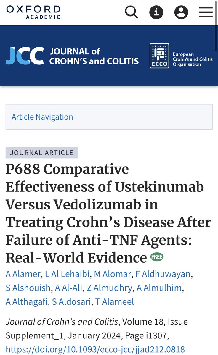 Our abstract has been published in JCC, a journal affiliated with the European Crohn's and Colitis Organization (ECCO). 

Our team will present the poster at the 19th Congress of ECCO - Inflammatory Bowel Diseases 2024!

academic.oup.com/ecco-jcc/artic…