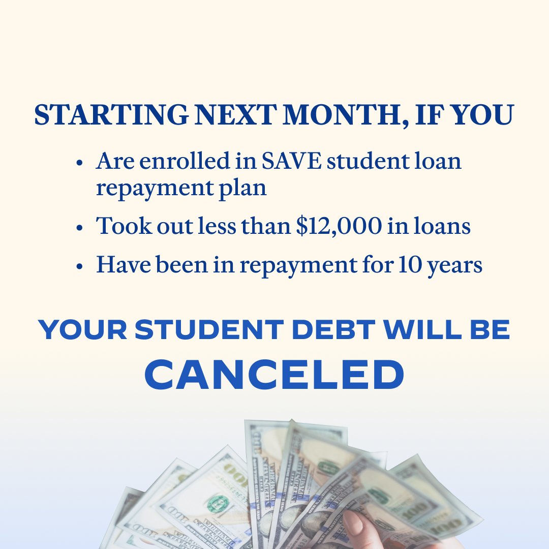 Starting next month, many Americans enrolled in our SAVE plan—the most affordable student loan repayment plan ever—will be eligible to have their loans canceled immediately. 

Learn more: StudentAid.gov/SAVE