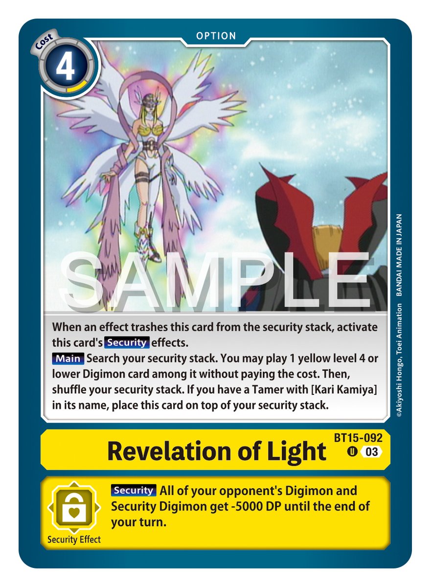 Booster Exceed Apocalypse [BT15] Cards] Hello Digimon Tamers! Next cards  are BT15-038 Angewomon ACE, BT15-084 Kari Kamiya, BT15-092 Revelation of  Light & BT15-093 Celestial Arrow! Exceed Apocalypse out February!  https://t.co/HJjfbmgrwJ #DigimonCardGame ...