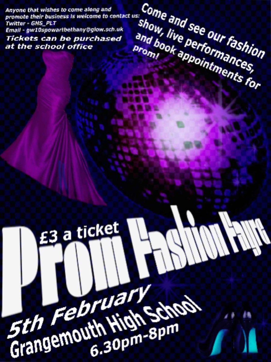 GHS will be hosting a Prom Fashion Fayre on Monday the 5th of February, to raise money for the S6 Prom. 

Tickets are £3 from the school office or can be bought at the door on the night! 
There will be a fashion show, live performances, and businesses

we hope to see you there!🤍