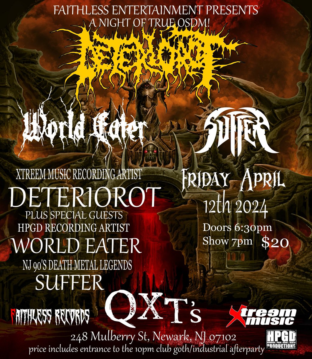 NJBCRichMan's tweet photo. @DETERIOROT_BAND returns to NJ on April 12th 2024. First hometown show since 2016 come and witness The Rebirth at @QXTsnightclub with support acts World Eater and Suffer #deathmetal #njdeathmetal #metaltours https://t.co/uvZdnxo2Qj