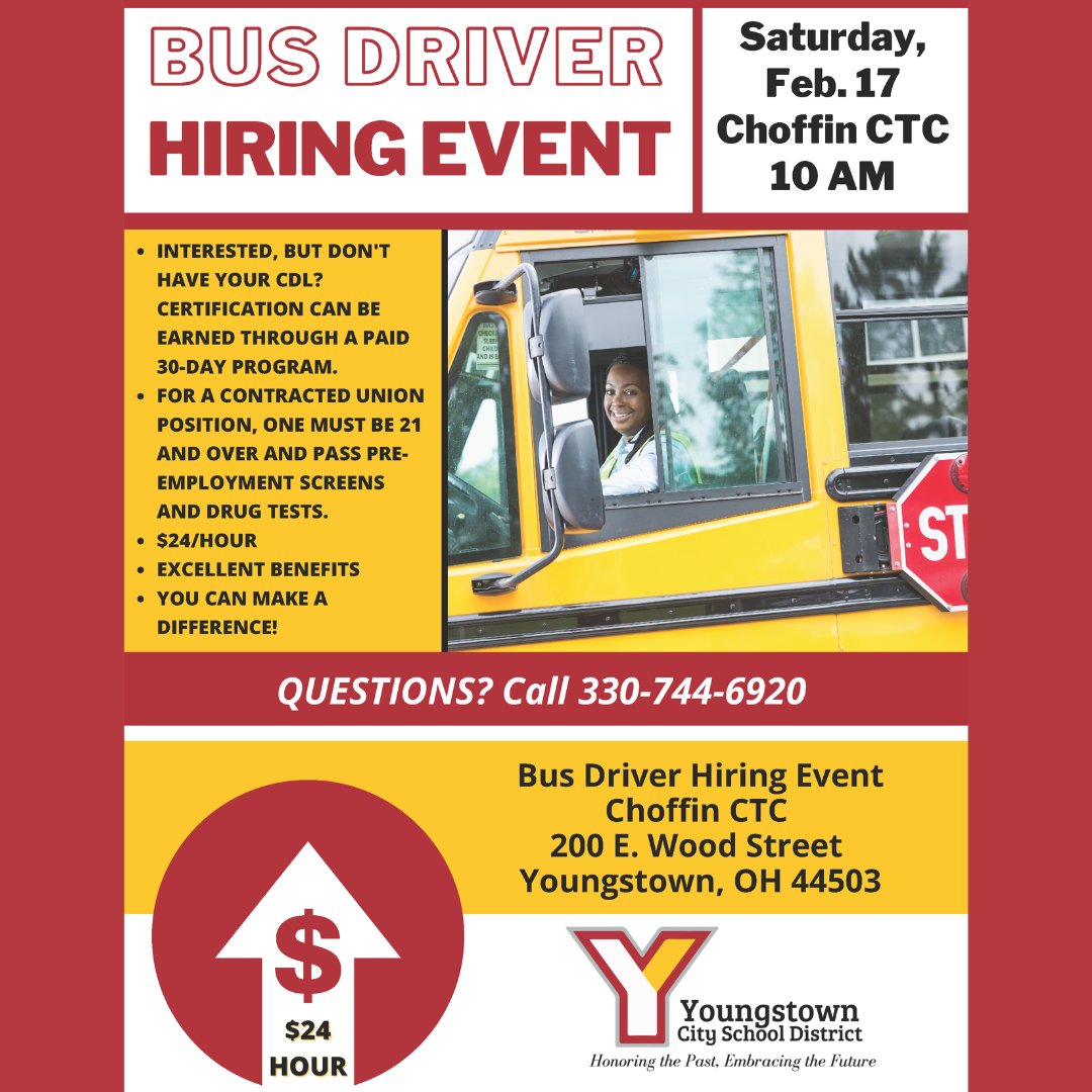 YtownSchools's tweet photo. Spread the word! Our next Bus Driver Hiring Event is on Saturday, Feb. 17, starting at 10 AM at Choffin CTC. #YCSDFamily #SchoolBusDriver #Feb17 #HiringEvent #GreatJob #GreatBenefits #MakeADifference https://t.co/pqb3v0b3gw