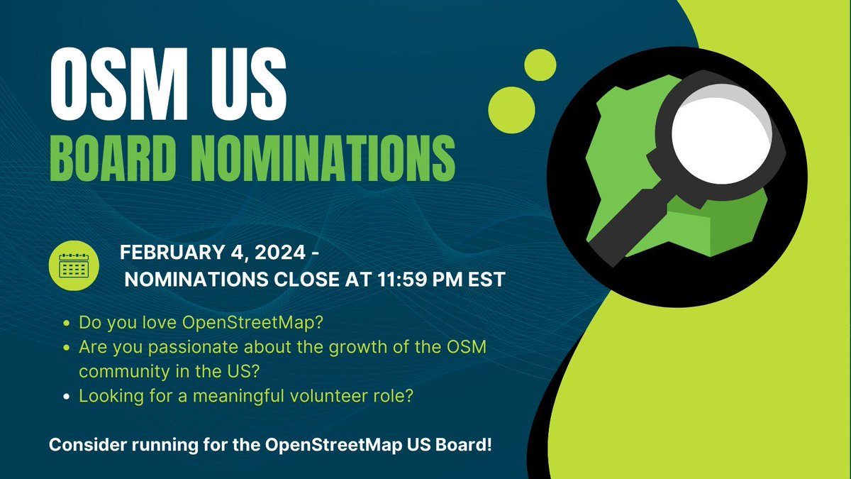 OpenStreetMapUS's tweet image. It&apos;s board election season at #OpenStreetMapUS! We invite those passionate about #OSM and the future of the project in the US to consider running for the #OSMUS 2024 board. Check out the wiki to learn more: buff.ly/49a5tLD 

#MappyMonday