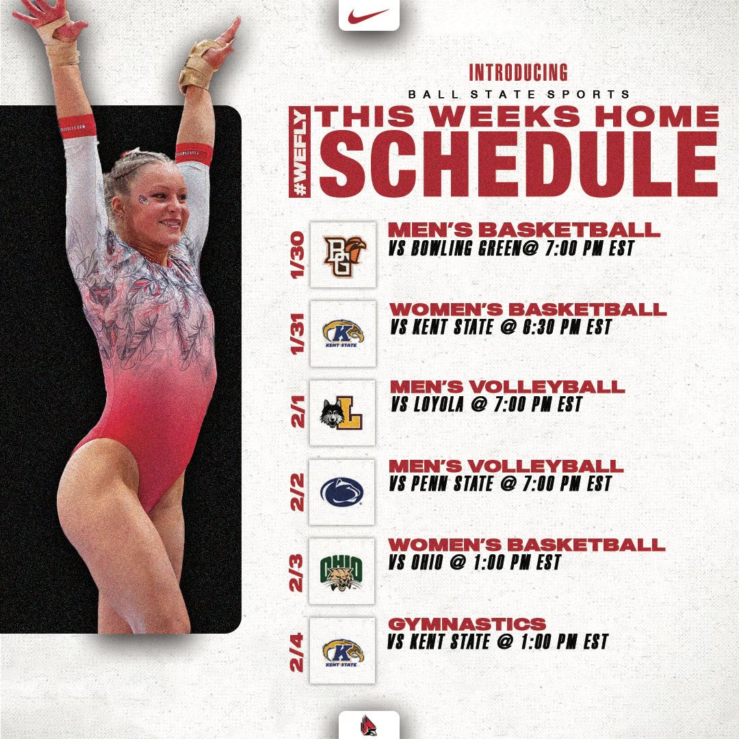 Starting tomorrow, we have a home event for each of the next six days! Join us all week 🔴⚪️ Secure your tickets and join us in Worthen Arena 🎟️: ballstatesports.com/tickets #ChirpChirp x #WeFly