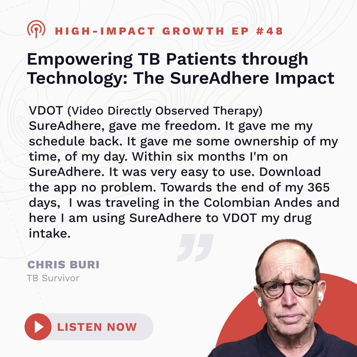 🎧 Chris Buri shares how technology transformed his TB treatment journey. 
Learn about the power of #VDOT in enhancing patient experience and outcomes. 
Listen to his inspiring story: okt.to/PnCr2m

#SureAdhere #TB #HighImpactGrowth #podcast