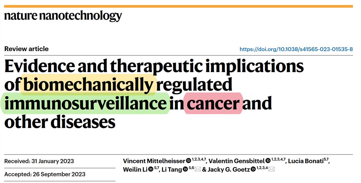 💥 Pub.alert : check out our latest review article with @Tang_Lab_EPFL published @NatureNano today 🤩 📖 We discuss the implications of biomechanically regulated #immunosurveillance in #cancer and other diseases rdcu.be/dxdQ2 🧵 (1/n)