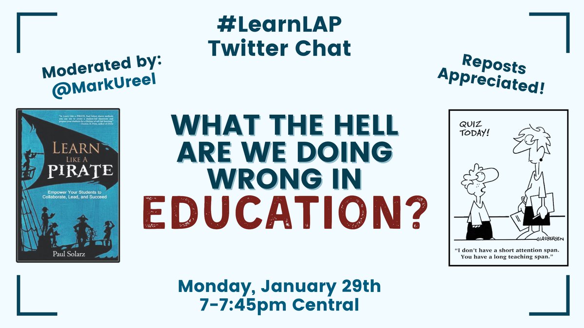 PaulSolarz's tweet photo. Please join @MarkUreel TONIGHT at 7pm Central for #LearnLAP!
#cdnedchat #engchat #edtechchat #flipclass #masspchat #musedchat #nyedchat #teacherwellness #vachat #PSCchat #PubPriBridge #stuvoice #EdVoice #Sci4allSs #coascd #colchat #ntchat #ellchat #iechat #ksedchat #luthed #tlap https://t.co/Mbbi8PIhQV