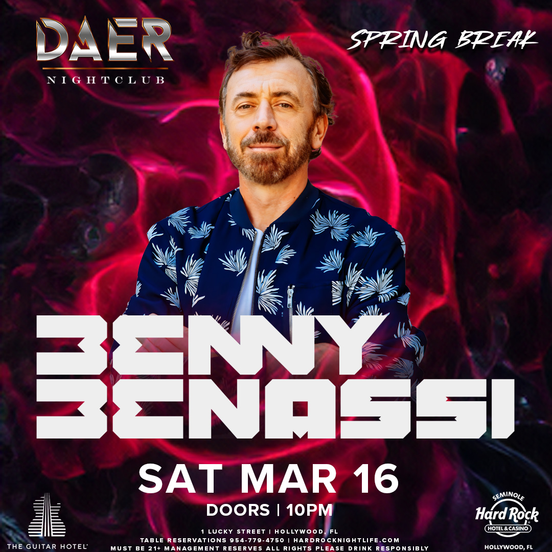 Satisfaction 🔊🎵 @bennybenassi returns to DAER Nightclub 🌙 Saturday, March 16th! #SpringBreak24

Tickets: tixr.com/e/93445
Tables: sevn.ly/x2G2jcNl

Limited early bird tix available.