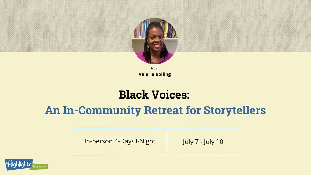 Valerie Bolling (@valerie_bolling) on Twitter photo It's not too early to start to plan for summer... 😊
Join me at this special retreat <a href="/HighlightsFound/">The Highlights Foundation</a> for Black creators. I look forward to seeing you there!
<a href="/KidlitInColor/">KidLit in Color</a> <a href="/Soaring20sPB/">Soaring20sPB</a> <a href="/BCHeadQuarters/">#BlackCreatorsHq #BlackCreatorsInKidLit</a> <a href="/BCBooksAuthors/">Black Children's Books and Authors (BCBA)</a> <a href="/black_authors/">Support Black Authors</a> <a href="/diversebooks/">We Need Diverse Books</a> #kidlit
Register below. It's not too early to start to plan for summer... 😊
Join me at this special retreat <a href="/HighlightsFound/">The Highlights Foundation</a> for Black creators. I look forward to seeing you there!
<a href="/KidlitInColor/">KidLit in Color</a> <a href="/Soaring20sPB/">Soaring20sPB</a> <a href="/BCHeadQuarters/">#BlackCreatorsHq #BlackCreatorsInKidLit</a> <a href="/BCBooksAuthors/">Black Children's Books and Authors (BCBA)</a> <a href="/black_authors/">Support Black Authors</a> <a href="/diversebooks/">We Need Diverse Books</a> #kidlit
Register below.