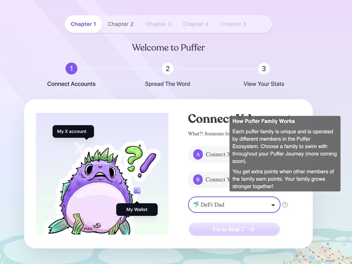 DeFi_Dad's tweet photo. If you get started today on @puffer_finance Quest, there's an option to choose a "Puffer Family."

TLDR: If you choose my family and we accrue more points together, we could get extra points during this campaign. And more importantly, I will be redirecting all my points earned to Gitcoin Grants 👍