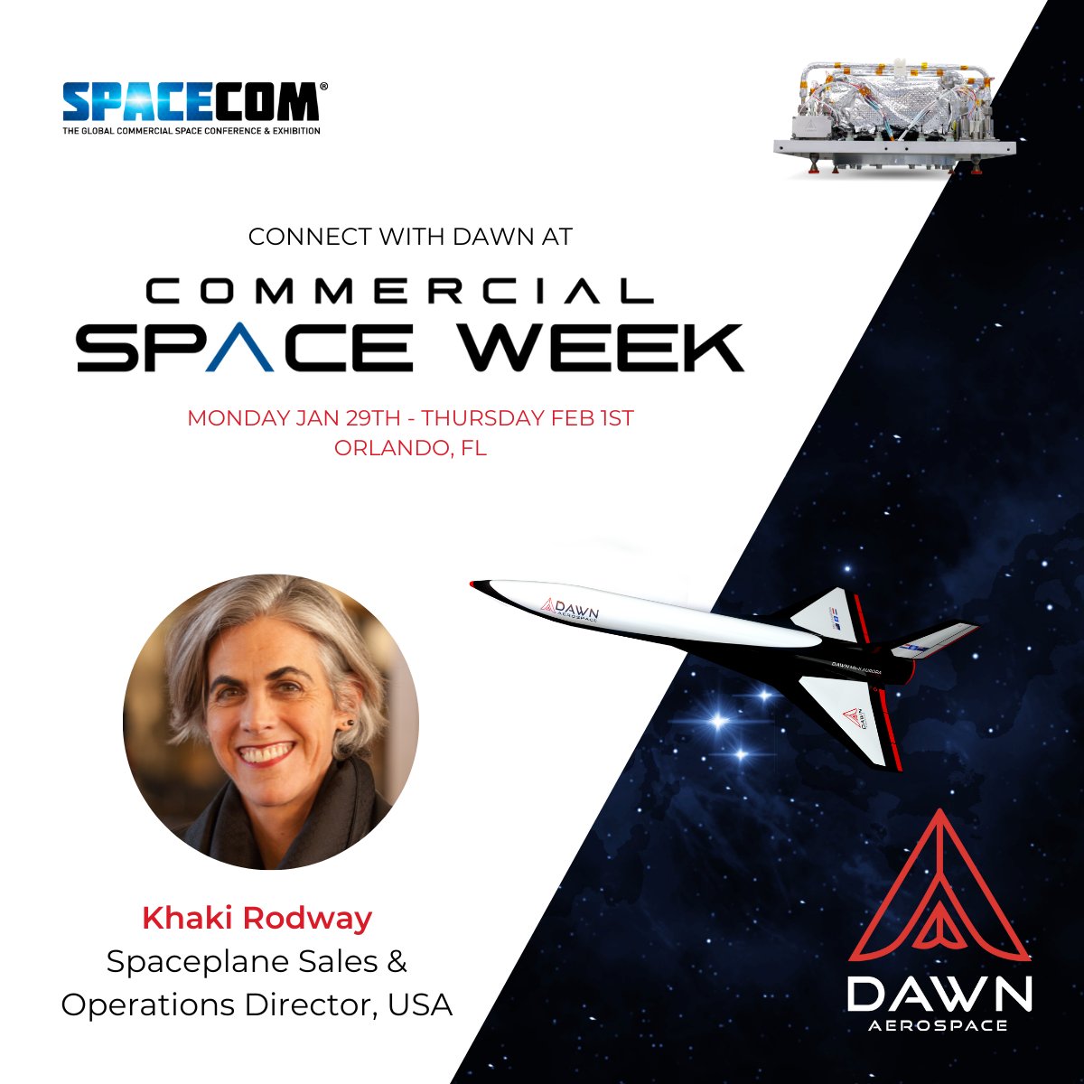 Dawn is attending @SpaceComExpo's Commercial Space Week in Orlando this week. Reach out to @khakirodway if you want to chat high-performance rocket-powered aircraft 🚀 or high-performance green propulsion 🛰🌱