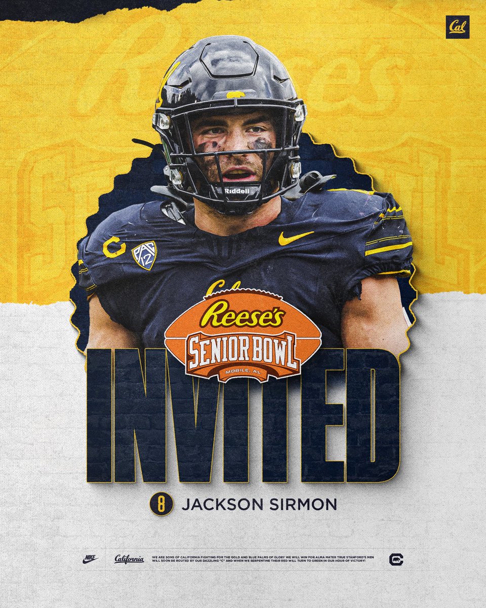 𝐒𝐞𝐧𝐢𝐨𝐫 𝐁𝐨𝐰𝐥 𝐁𝐨𝐮𝐧𝐝 

Congratulations to <a href="/jackson_sirmon/">Jackson Sirmon</a> on being invited to the Reese’s Senior Bowl 👏

#GoBears | #ALLIN
