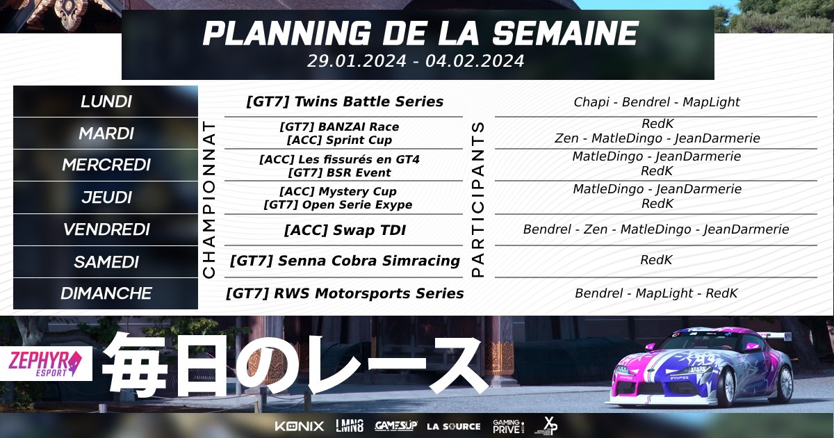 Zephyr_E_Sport's tweet photo. 🐙[#SimRacing]🐙

Cette semaine est la plus grosse semaine que nous n'ayons jamais eu ! Pas moins de 10 courses sur nos deux jeux GT7 et ACC ! Venez soutenir en masse notre line up ! 🔥

#GoZEPHYR https://t.co/cGKA4fJ3kA