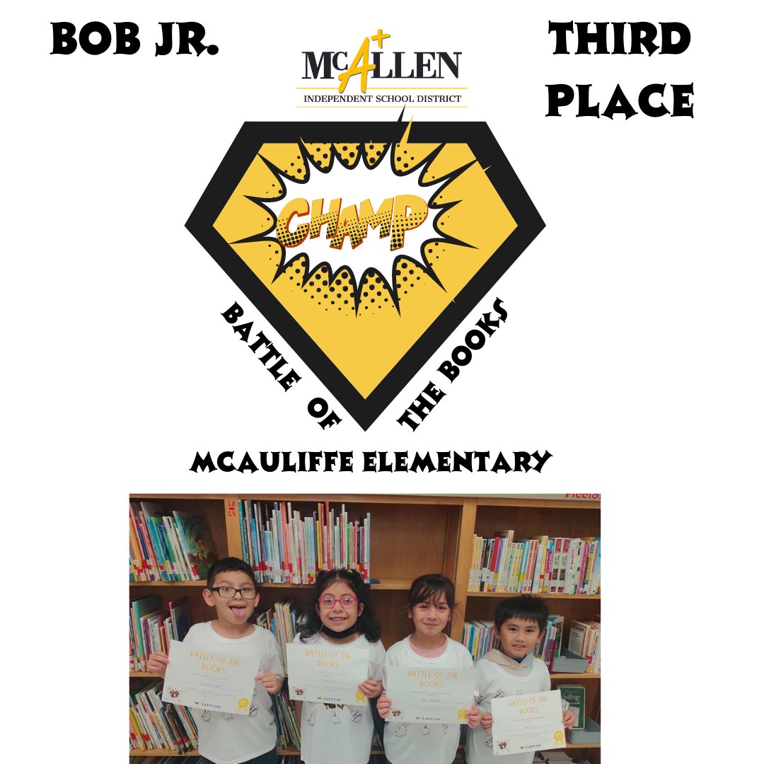 Congratulations to our Battle of the Book Jr. district winners!  First place went to <a href="/PerezLibrary/">Dr. Pablo Perez Elementary Library</a> <a href="/perezpioneers/">Dr. Pablo Perez Elementary</a> Second Place went to <a href="/tzhawks/">Thigpen-Zavala Elementary</a> <a href="/TZHawkLibrary/">Mrs. Ramirez</a> and third place went to <a href="/challengersmisd/">McAuliffe Elementary</a> <a href="/McAllenISD/">McAllen ISD</a> #McAllenISDLib