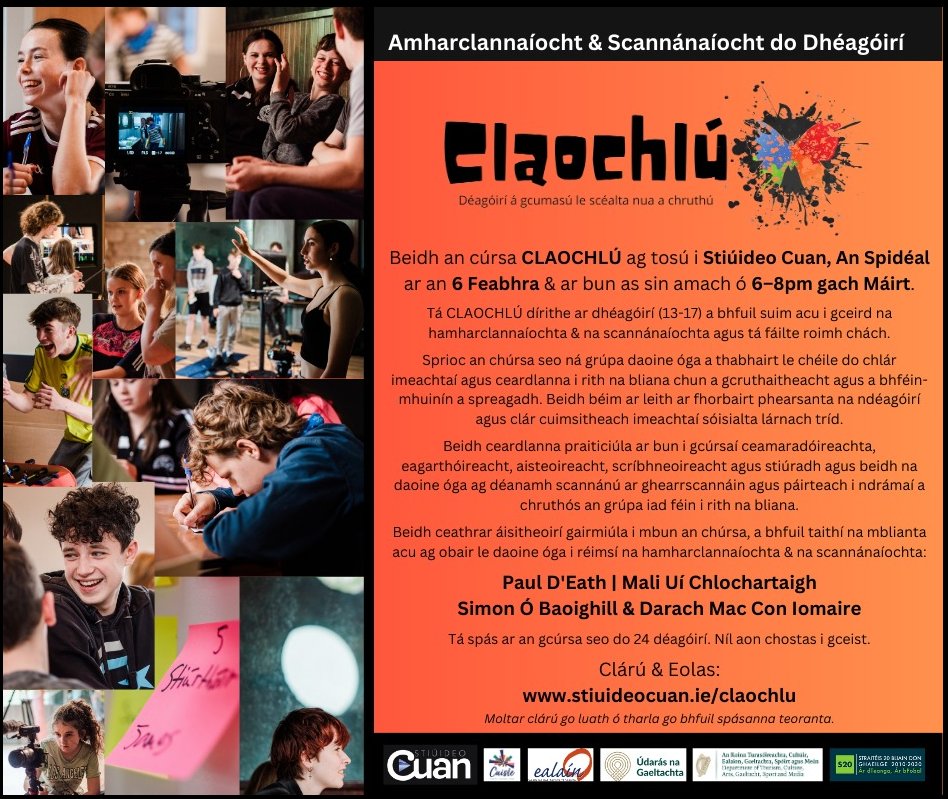 Údarás na Gaeltachta (@udarasnag) on Twitter photo Do dheagóirí atá idir 13-17
An bhfuil suim agat i ceird na hamharclanaíochta & na scannánaíochta?
Breis eolais ag stiuideocuan.ie/claochlu
<a href="/EnaGaeltachta/">Ealaín na Gaeltachta</a> <a href="/StiuideoCuan/">Stiúideo Cuan</a> Do dheagóirí atá idir 13-17
An bhfuil suim agat i ceird na hamharclanaíochta & na scannánaíochta?
Breis eolais ag stiuideocuan.ie/claochlu
<a href="/EnaGaeltachta/">Ealaín na Gaeltachta</a> <a href="/StiuideoCuan/">Stiúideo Cuan</a>
