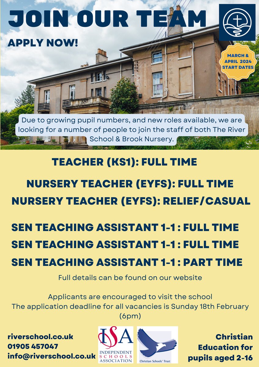 #theriverschool #thebrooknursery #christianeducation #worcestershirehour #jobvacancies #independentschool #shapingcharacter #pursuingexcellence