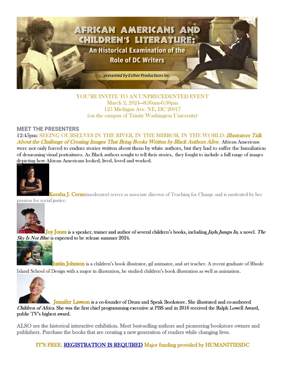 REMOVING THE MASK, AMPLIFYING OUR VOICES and SEEING OURSELVES IN THE RIVER, IN THE MIRROR, IN THE WORLD are two of the panel discussions that are a part of AACL which is scheduled to take place on March 2nd.

Info: aachildrenslit2023@gmail.com.

Thank you #dmv