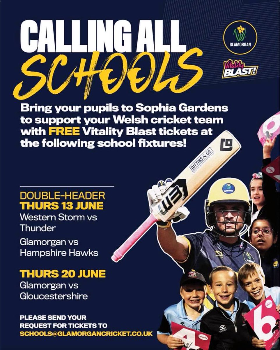 Brilliant initiative from @GlamCricket - free entry for school groups for two fixtures in June! A great way to get children interested and involved in our beautiful game 🏏 #UpTheHeath @WhitchurchPE @Ysgol_Glantaf @whitchurchprm @MelinGruffydd @BirchgrovePrm @cslcardiffsport