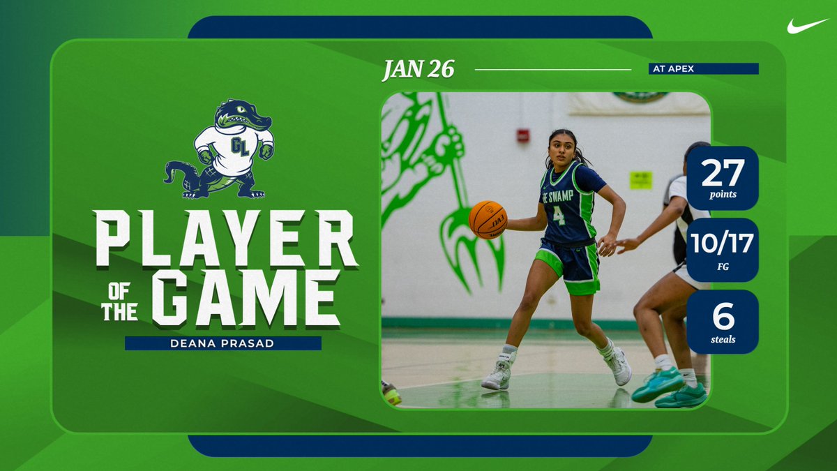 ICYMI: <a href="/G_L_WBB/">Green Level Women's Basketball</a> Senior Deana Prasad led the Gators to a big win over Apex on Friday night...scoring 27 points, making a career-high 10 FGs, and finishing with a season-high six steals! She also had seven assists.