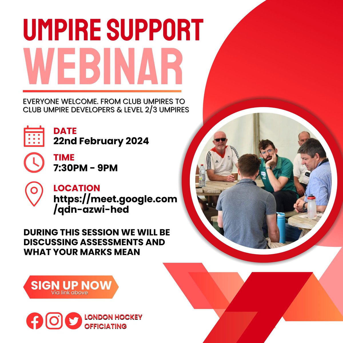 Join us on the 22nd February for the Umpire Support Webinar from 7:30pm via Google Meets. Sign up link in below (which also contains the meeting link)

docs.google.com/forms/d/e/1FAI…

#umpiresupport #umpirewebinar #hockey #hockeyumpire #londonarea