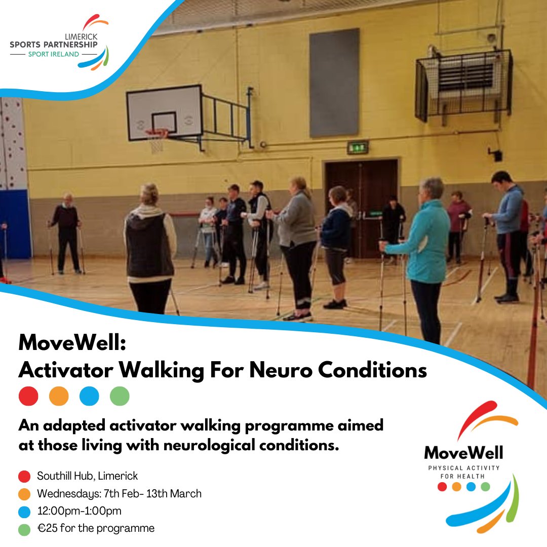 Limericksports's tweet photo. ✨ MoveWell: Activator Walking for Neuro Conditions 🚶‍♀️

📍 Southill Hub, Limerick
📆 Wednesdays: 7th Feb – 13th March
⏰ 12pm
💶 €25

https://t.co/ftlS1zxDcA

@sportireland @Limerick_ie @UL @HealthyLimerick @MSIRELAND @ParkinsonsIre @Southill1
#Movewell #ActivatorWalking https://t.co/ucbeGQXSEl