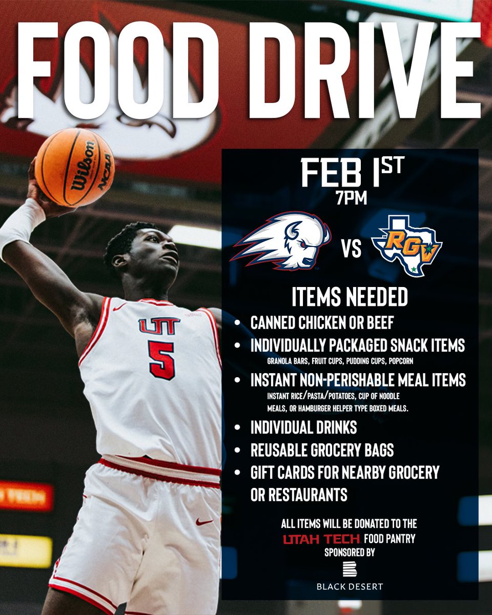 🏀 Join us this Thursday at the Burns as @UtahTechMBB takes on UTGRV! Bring your game-day spirit and generosity—don't forget a food donation at the gates to support our Utah Tech Food Pantry‼️   

Sponsored by @BlackDesertUT 

#UtahTechBlazers | #WACmbb