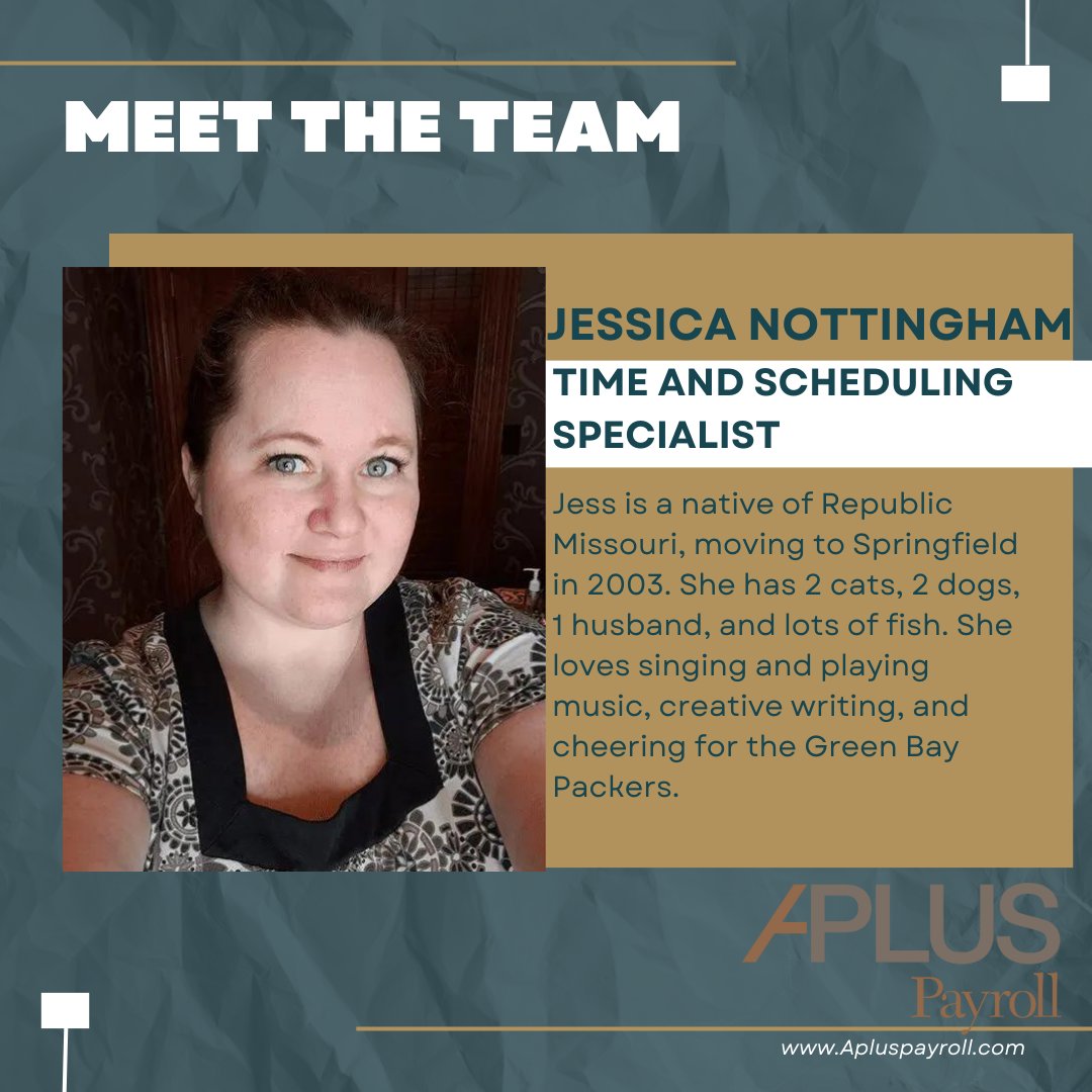 APlusPayroll's tweet image. Today on #MeetTheTeamMonday, we are shining a spotlight on one of the incredible members of our APlus Payroll family. 🤝 Say hello to Jess! 👋

Read more about her here: hubs.ly/Q02j0W3n0

#MeetTheTeam #APlusPayroll #TeamSpotlight #MondayMotivation