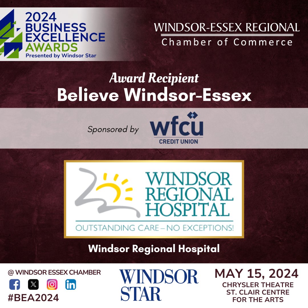 Congratulations to <a href="/WRHospital/">Windsor Regional Hospital</a> for being the recipient of this year's Believe Windsor-Essex Award. We appreciate their hard work and dedication to the #WindsorEssex community.

Tickets now available for the 2024 BEA, presented by <a href="/TheWindsorStar/">The Windsor Star</a>: bit.ly/2024BEA

#BEA2024