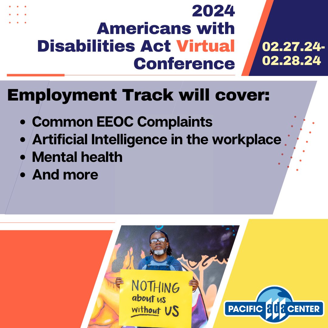 Unlock the future of inclusive workplaces! Dive into the Employment track, covering 'Common EEOC Complaints,' 'Artificial Intelligence in the workplace,' and 'Mental health.' Secure your spot today! #PacificADAConference2024 #InclusiveWorkplaces