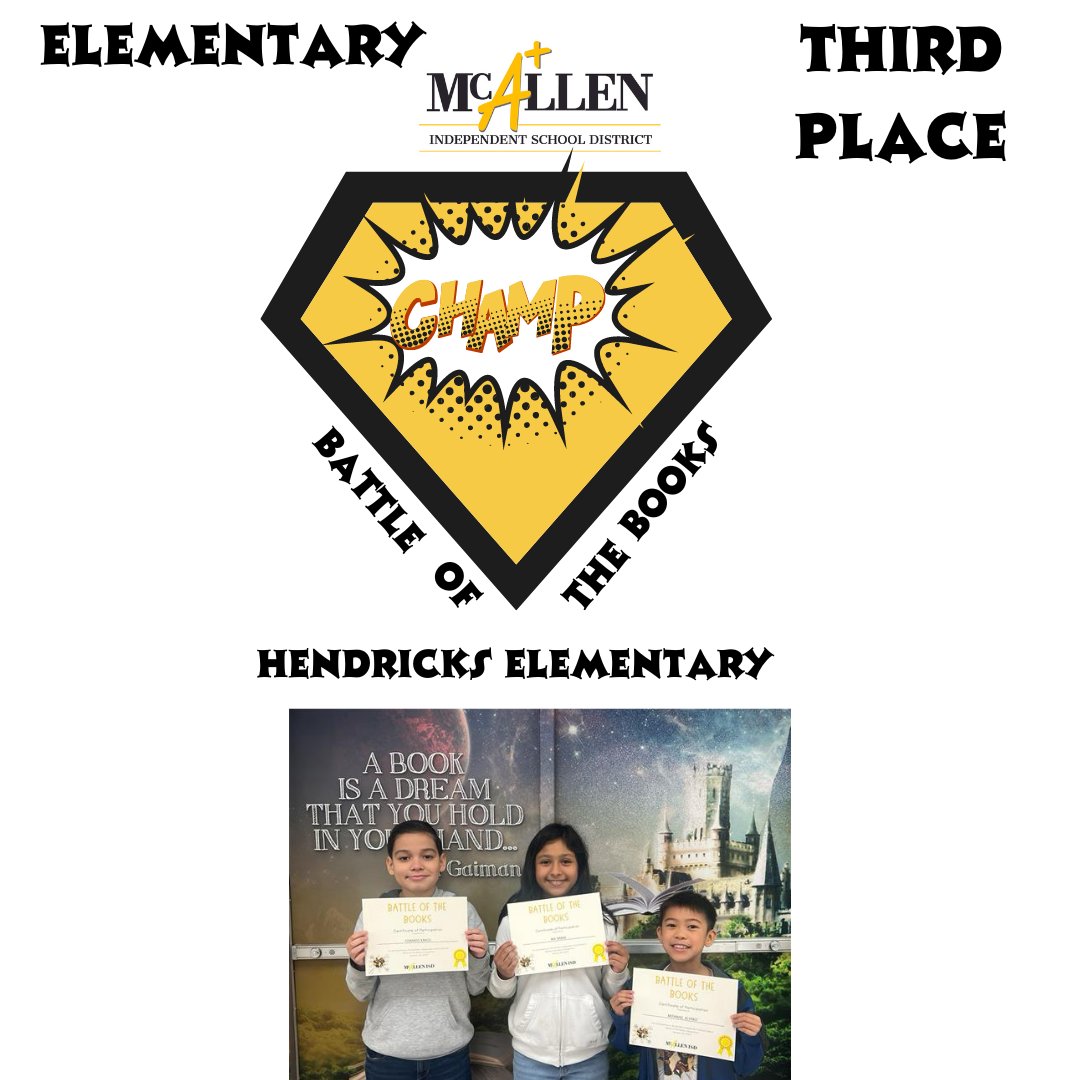 annvega (@annvega) on Twitter photo Congratulations to our elementary Battle of the Books district winners! First place went to <a href="/gonzalezelem/">TheGrizzlyDen</a> <a href="/GonzalezLibrary/">Ruby Galvan</a> Second place went to <a href="/tzhawks/">Thigpen-Zavala Elementary</a> <a href="/TZHawkLibrary/">Mayra Ramirez</a> and Third place went to <a href="/hendricksreads/">Hendricks Library</a> <a href="/hendricksstars/">Hendricks Elementary</a> <a href="/McAllenISD/">McAllen ISD</a> #McAllenISDLib Congratulations to our elementary Battle of the Books district winners! First place went to <a href="/gonzalezelem/">TheGrizzlyDen</a> <a href="/GonzalezLibrary/">Ruby Galvan</a> Second place went to <a href="/tzhawks/">Thigpen-Zavala Elementary</a> <a href="/TZHawkLibrary/">Mayra Ramirez</a> and Third place went to <a href="/hendricksreads/">Hendricks Library</a> <a href="/hendricksstars/">Hendricks Elementary</a> <a href="/McAllenISD/">McAllen ISD</a> #McAllenISDLib