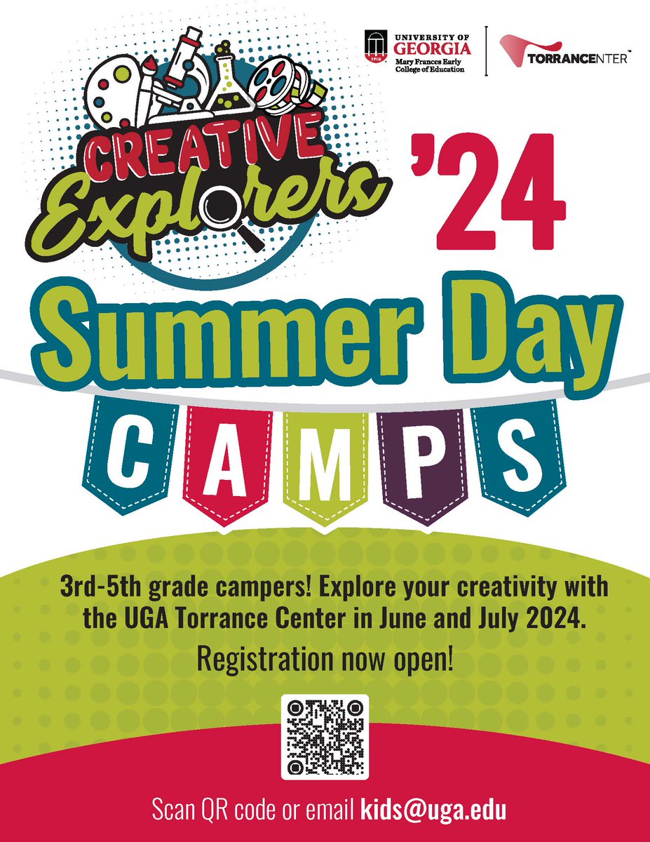 Registration is NOW OPEN! Summer day camps hosted by The Torrance Center for Creativity & Talent Development @ UGA designed to engage and enhance the imaginative capacities of rising 3rd-5th graders! Register at tinyurl.com/ugakids or email kids@uga.edu for assistance.