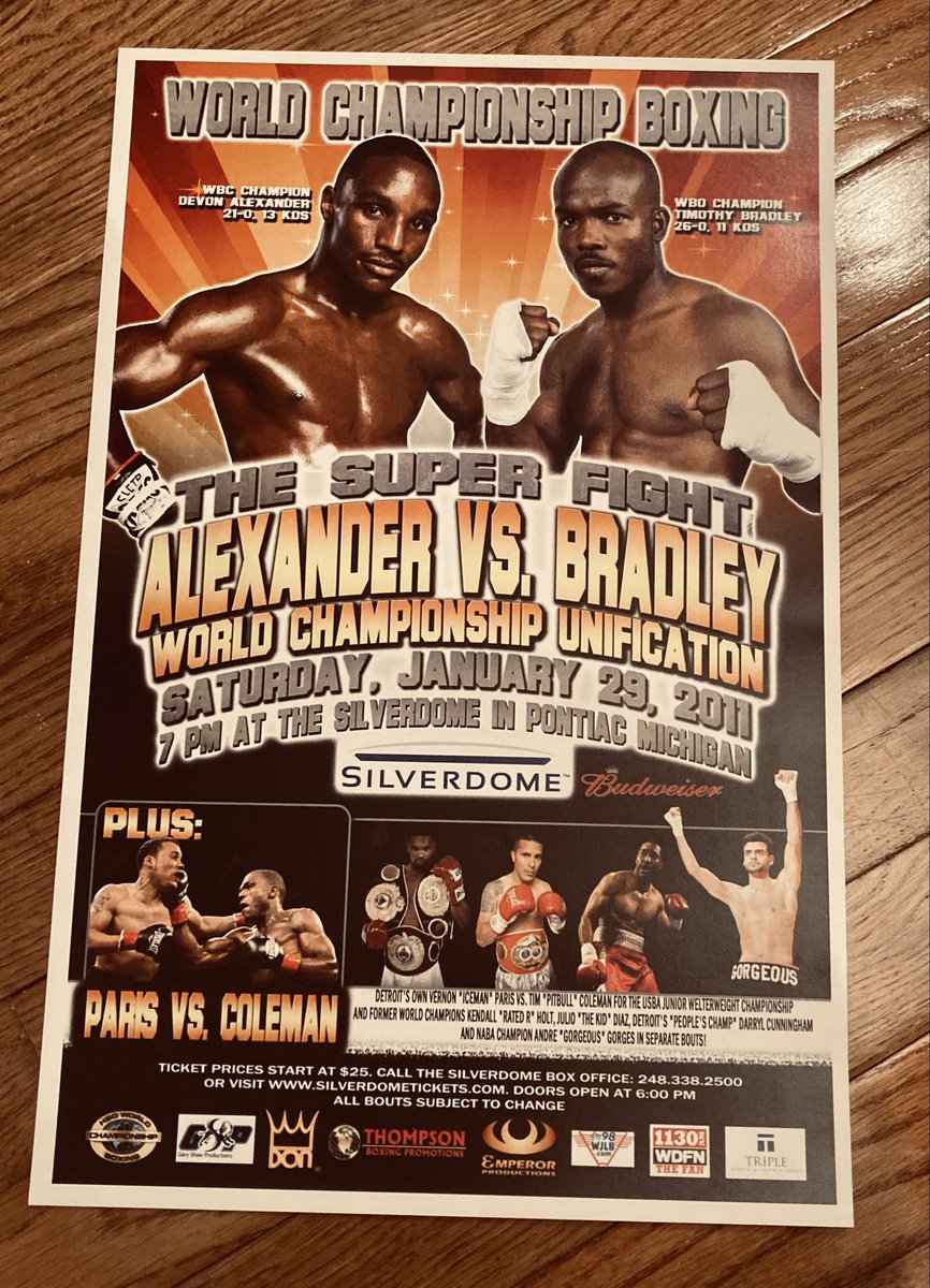 Scarce site poster in my #boxing collection from when HOFer @Timbradleyjr beat Devon Alexander in a No. 1 vs. No. 2 fight in the division to unify the WBC & WBO 140 titles in a fight I was ringside to cover in snowy & bitter cold Auburn Hills, Michigan -- 13 years ago today.