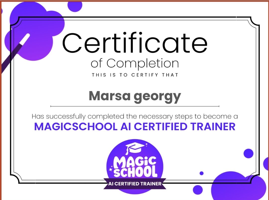 Marogeorge14's tweet photo. I am super excited to share that now I am officially a MagicSchool AI Certified Trainer. 
Gratitude to https://t.co/Ze9v5Uu3Uy
#magicschoolai #teachersaremagic https://t.co/eYHPrYaLrK
