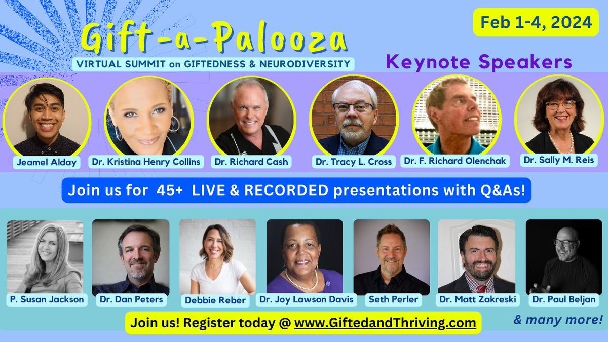 Starts this Thursday! Virtual summit dedicated to helping the gifted and multi-exceptional community. I will speak on a panel about 'Questions in Giftedness & Neurodiversity' on 2/1. All access pass is $139. Summit Center is a proud sponsor. Register at ow.ly/ubky50QvBVK