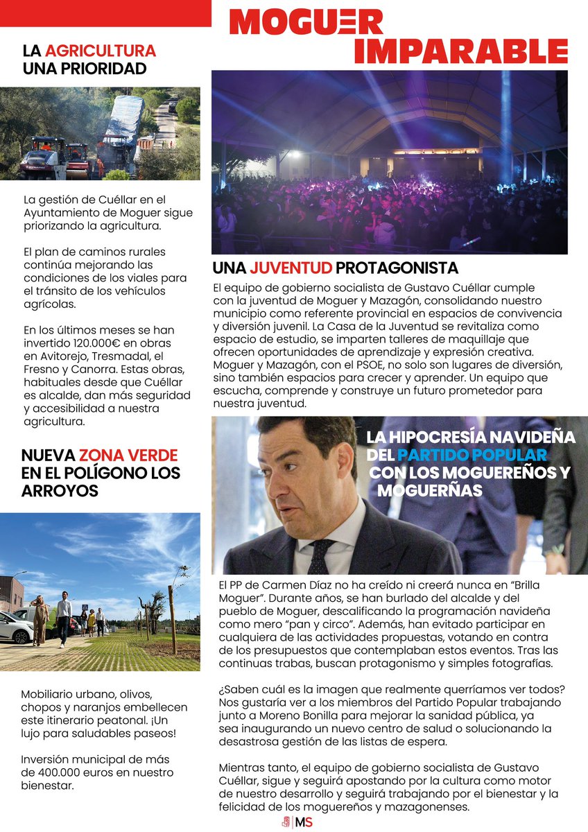 psoemoguer's tweet photo. 🌹 Moguer Socialista enero 2024

📰 Renovación del mercado y la transformación de la Plaza de la Coronación

🌱 La agricultura como prioridad. 

💫 Navidad inolvidable con “Brilla Moguer”

🙎🏻‍♂️🙎🏼‍♀️ La juventud protagonista. 

#moguerimparable 
#mazagónimparable 
#moguersocialista https://t.co/QC1rNbDdFh