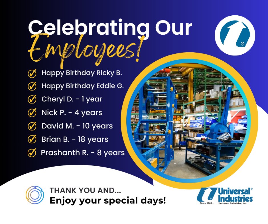 Universal1906's tweet photo. 👀Look at these great milestones happening at Universal Industries, Inc. in January! #employeespotlight #materialhandling #January2024 #EmployeeAppreciation https://t.co/6Qkql3BTUL